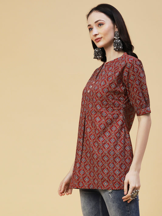 Ethnic Block Printed Mother-of-Pearl Buttoned Short Kurti - Rust