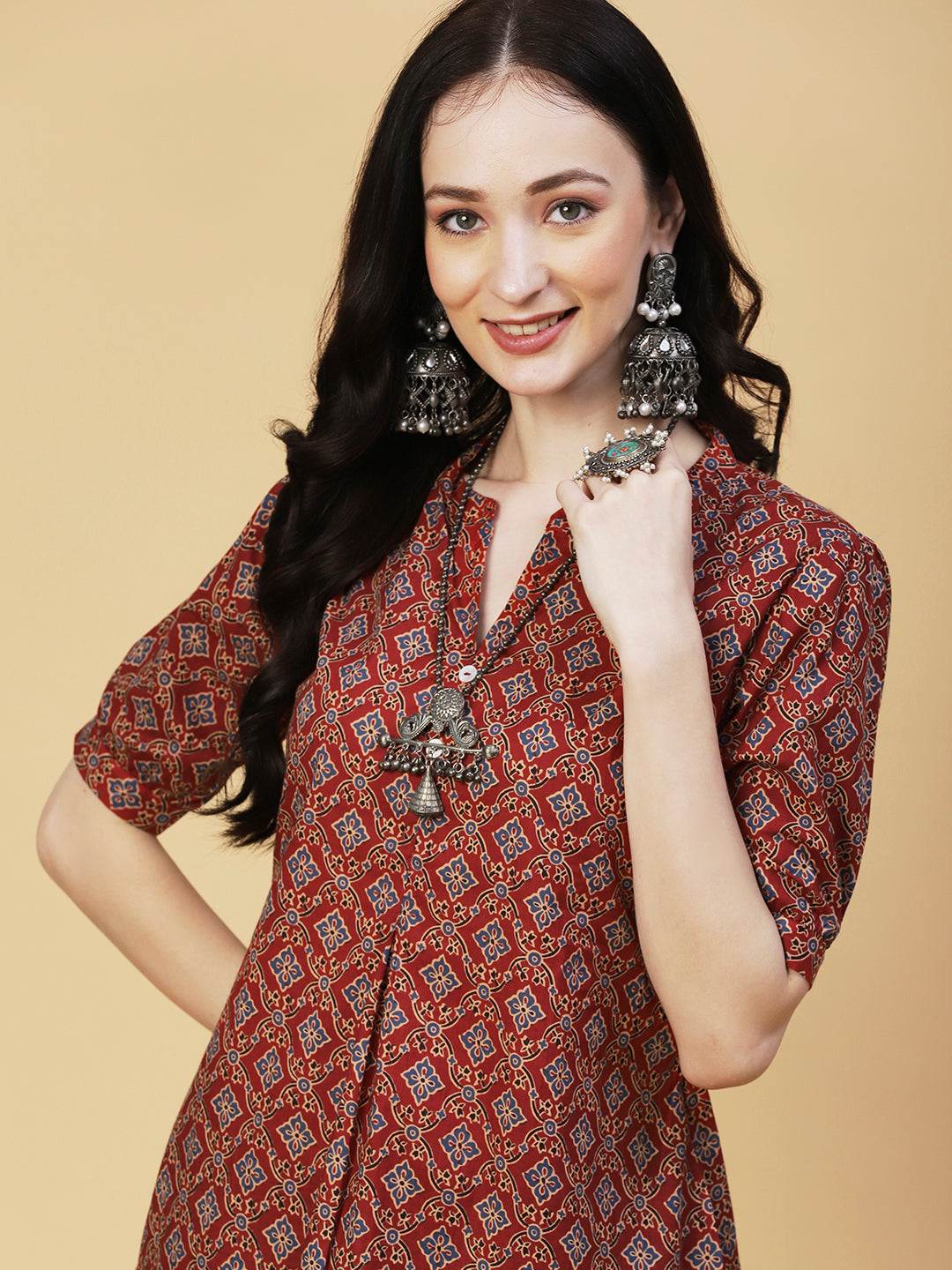 Ethnic Block Printed Mother-of-Pearl Buttoned Short Kurti - Rust