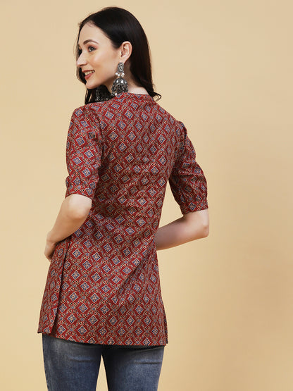 Ethnic Block Printed Mother-of-Pearl Buttoned Short Kurti - Rust