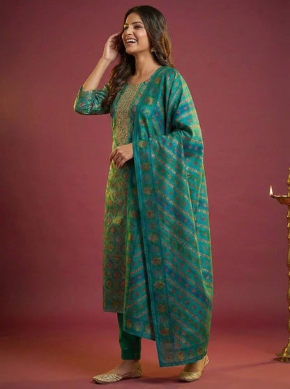 Floral Printed Embroidered Jacquard Kurta with Pant & Dupatta - Teal Blue