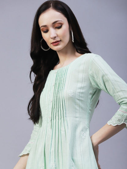 Solid Floral Embroidered Scalloped Hem A-Line Kurta with Pant - Mint Green