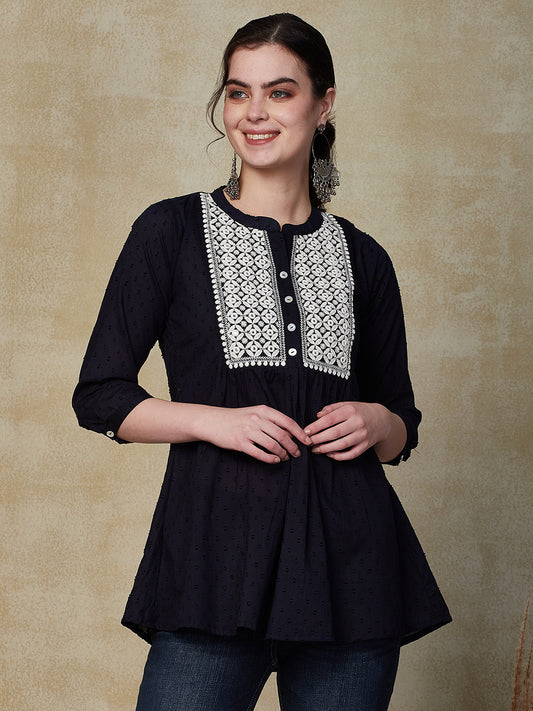 Solid Mirror & Resham Embroidered Short Kurti - Navy Blue