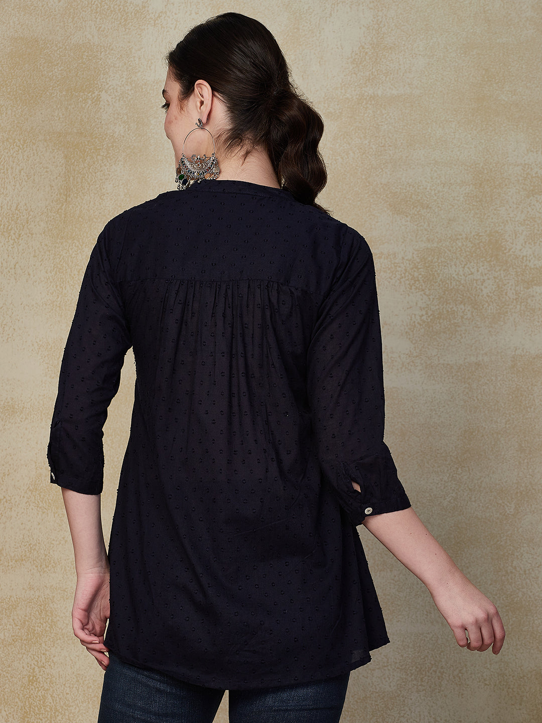 Solid Mirror & Resham Embroidered Short Kurti - Navy Blue