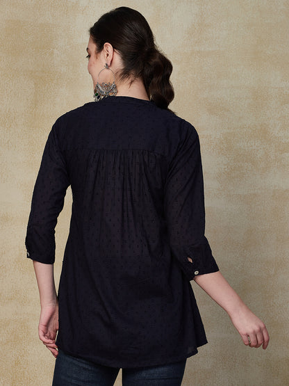 Solid Mirror & Resham Embroidered Short Kurti - Navy Blue