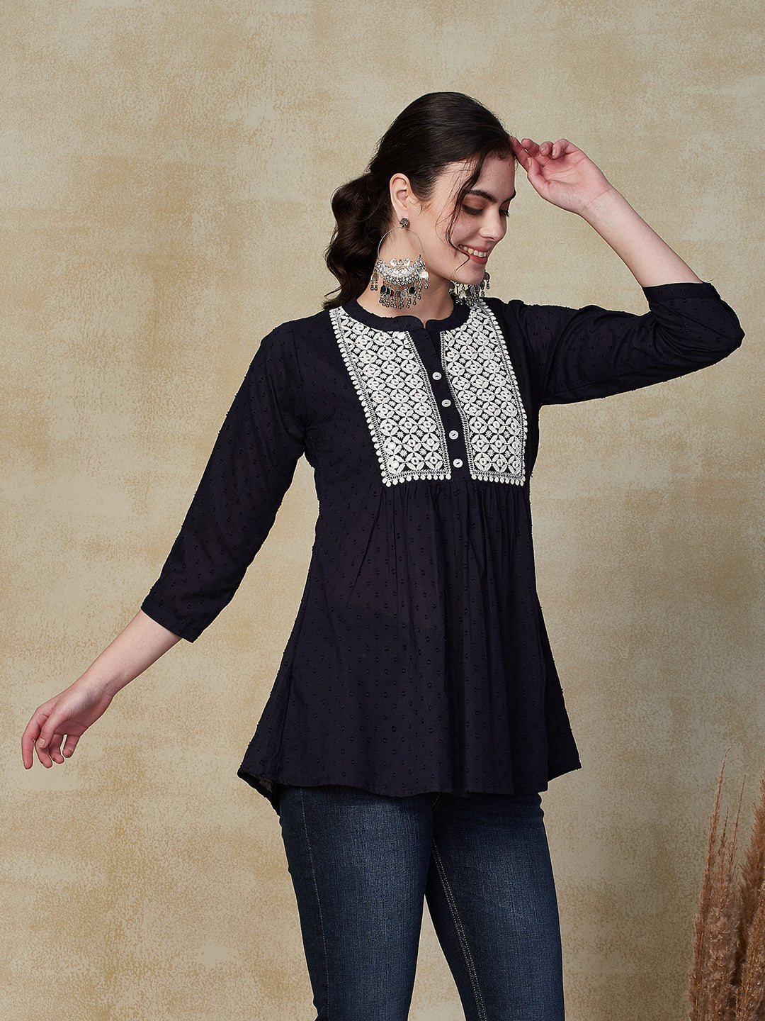 Solid Mirror & Resham Embroidered Short Kurti - Navy Blue