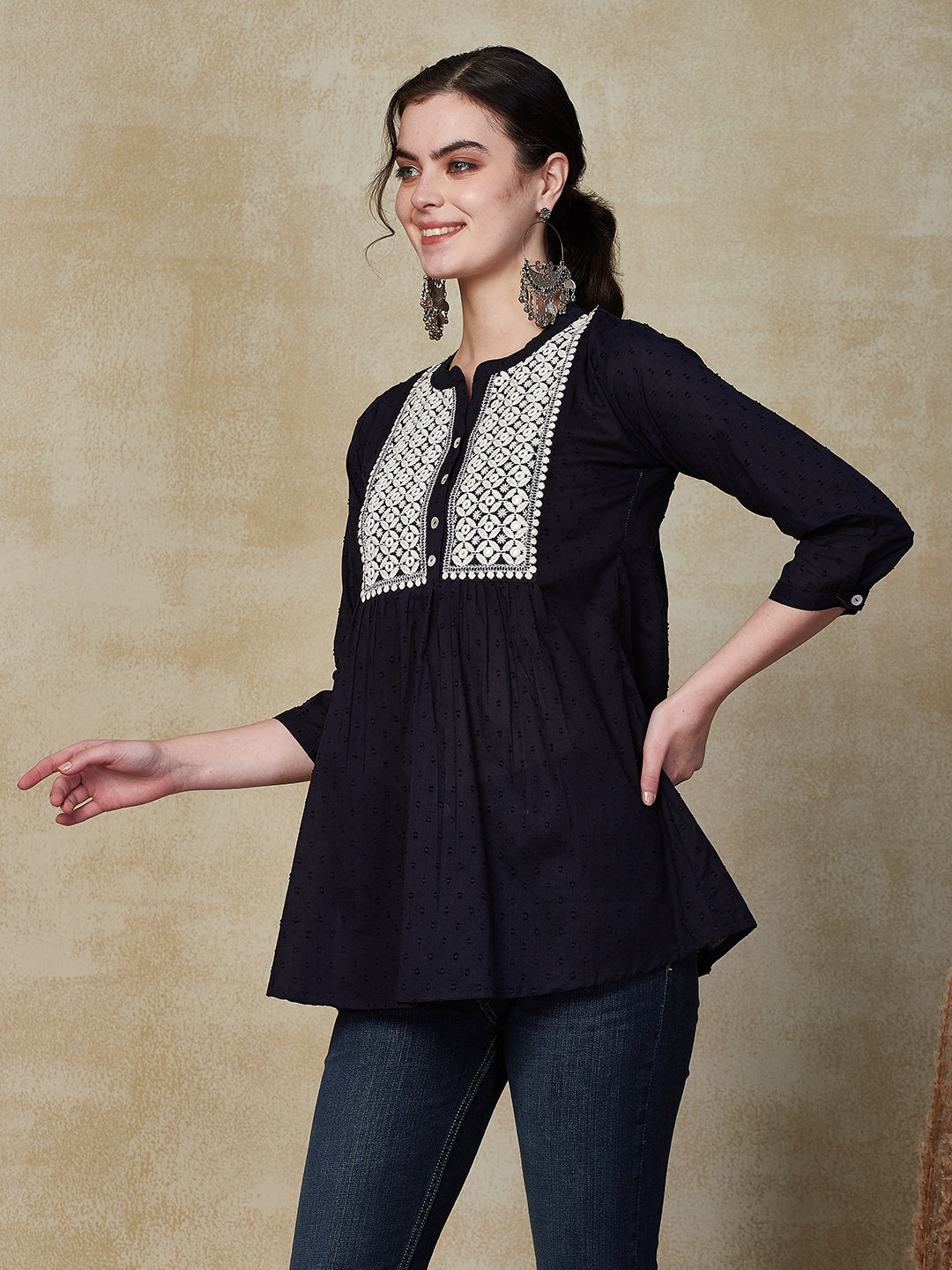 Solid Mirror & Resham Embroidered Short Kurti - Navy Blue