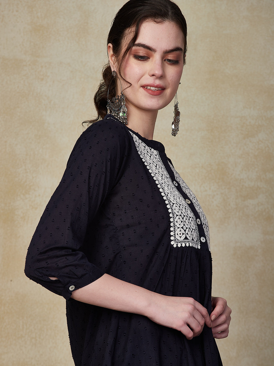 Solid Mirror & Resham Embroidered Short Kurti - Navy Blue
