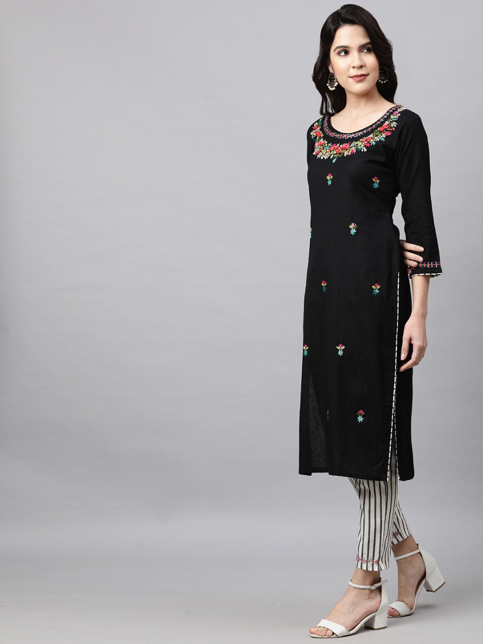 Floral Embroidered Kurta and Striped Pant - Black