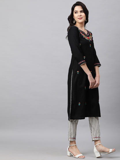 Floral Embroidered Kurta and Striped Pant - Black