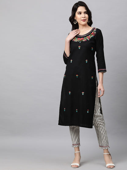 Floral Embroidered Kurta and Striped Pant - Black