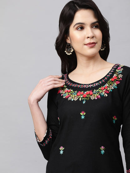 Floral Embroidered Kurta and Striped Pant - Black