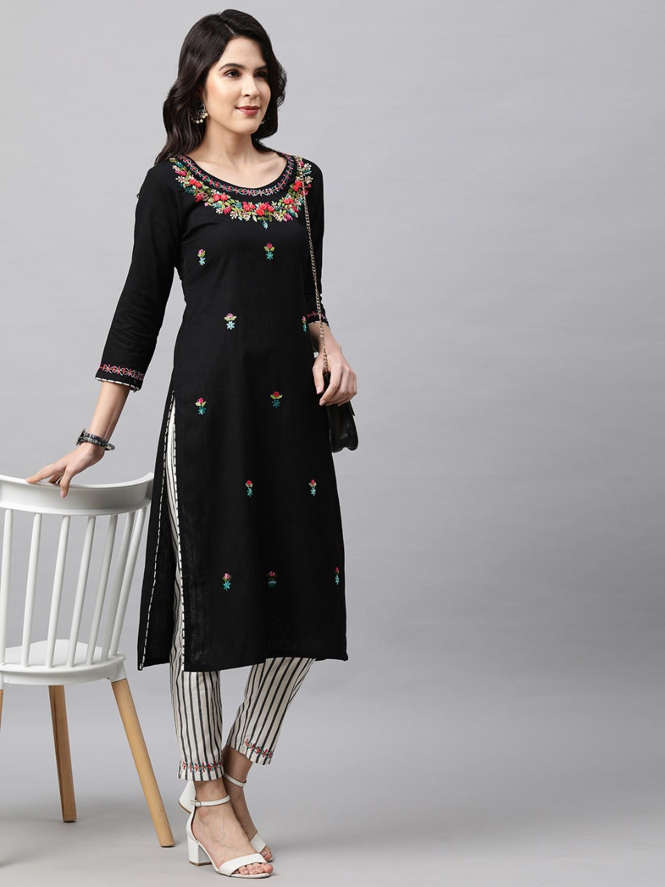 Floral Embroidered Kurta and Striped Pant - Black