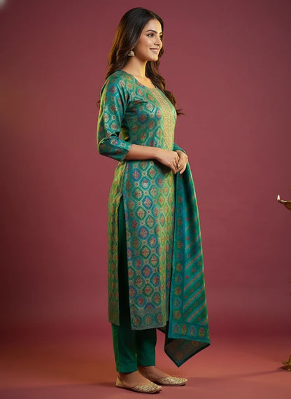 Floral Printed Embroidered Jacquard Kurta with Pant & Dupatta - Teal Blue