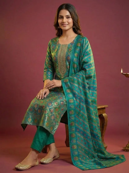 Floral Printed Embroidered Jacquard Kurta with Pant & Dupatta - Teal Blue