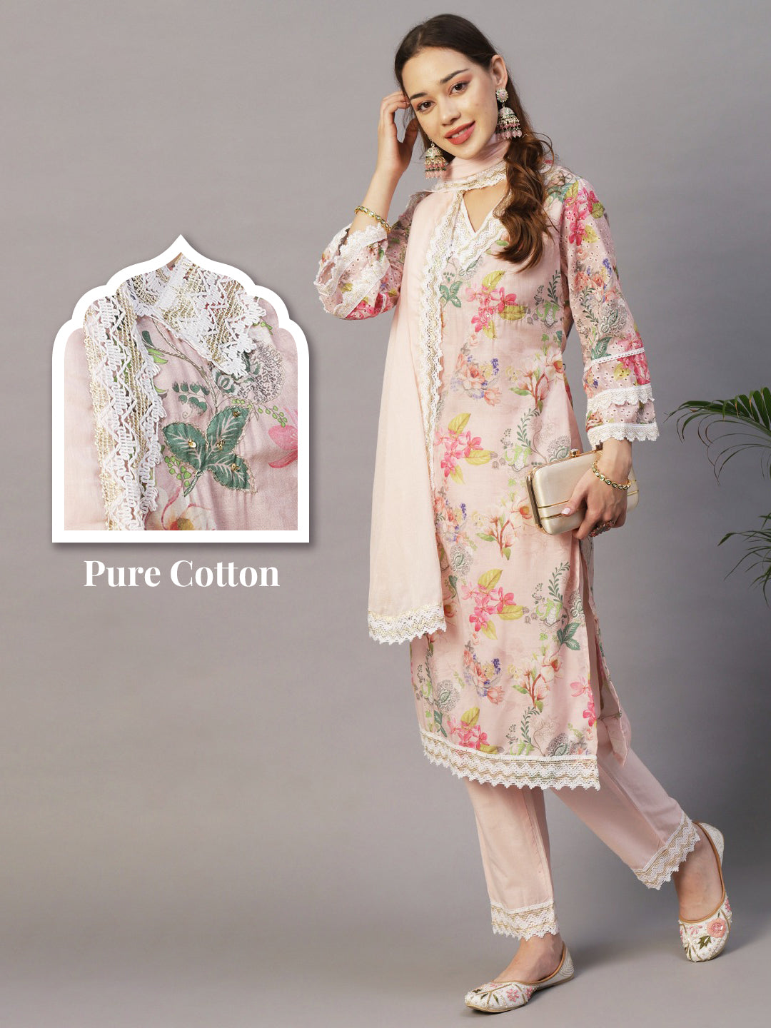 Floral Printed Zari & Sequins Embroidered Schiffili Work Mulmul Cotton Kurta With Pants & Dupatta - Light Pink