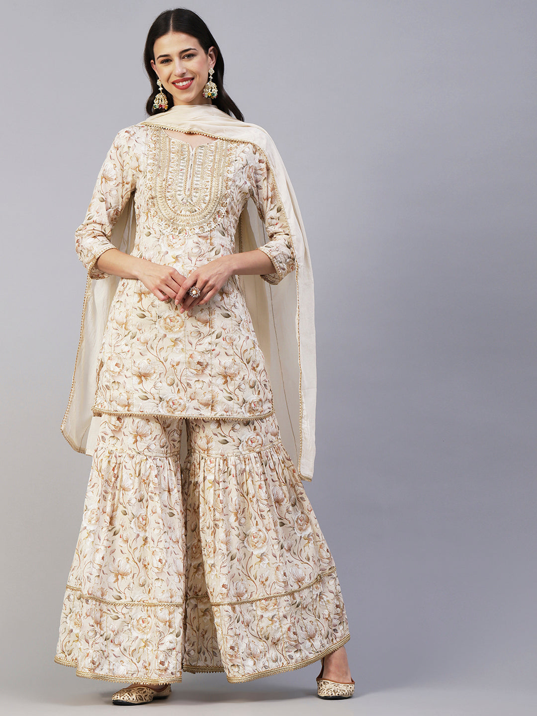 Floral Printed Zari & Resham Embroidered Short Kurta With Sharara & Dupatta - Cream