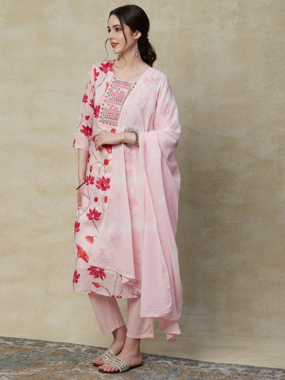 Floral Foil Printed Mirror, Resham & Zari Embroidered Kurta with Pants & Dupatta - Pink