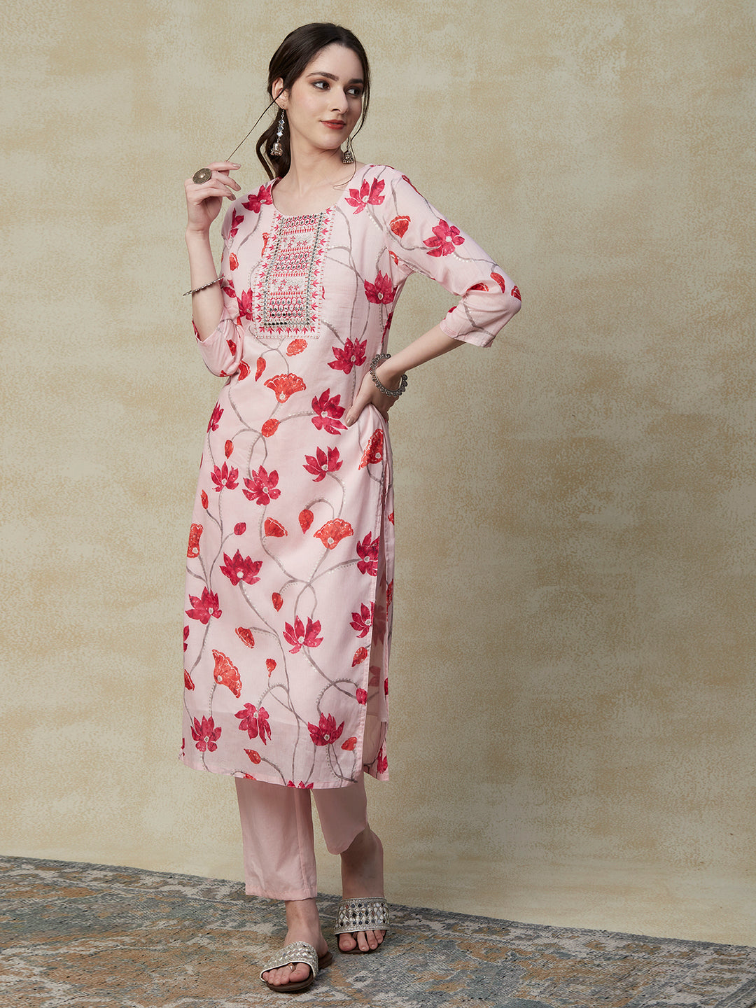 Floral Foil Printed Mirror, Resham & Zari Embroidered Kurta with Pants & Dupatta - Pink