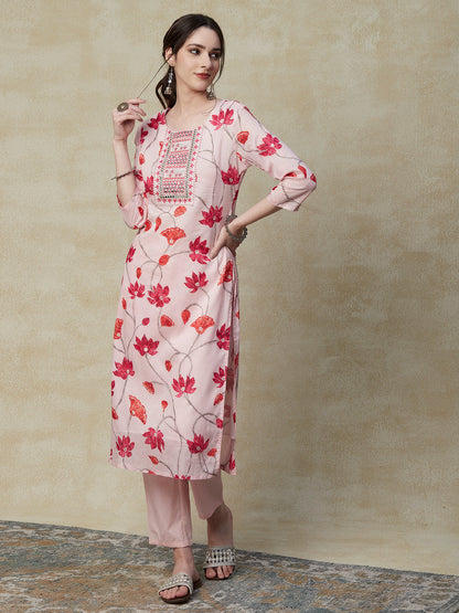 Floral Foil Printed Mirror, Resham & Zari Embroidered Kurta with Pants & Dupatta - Pink