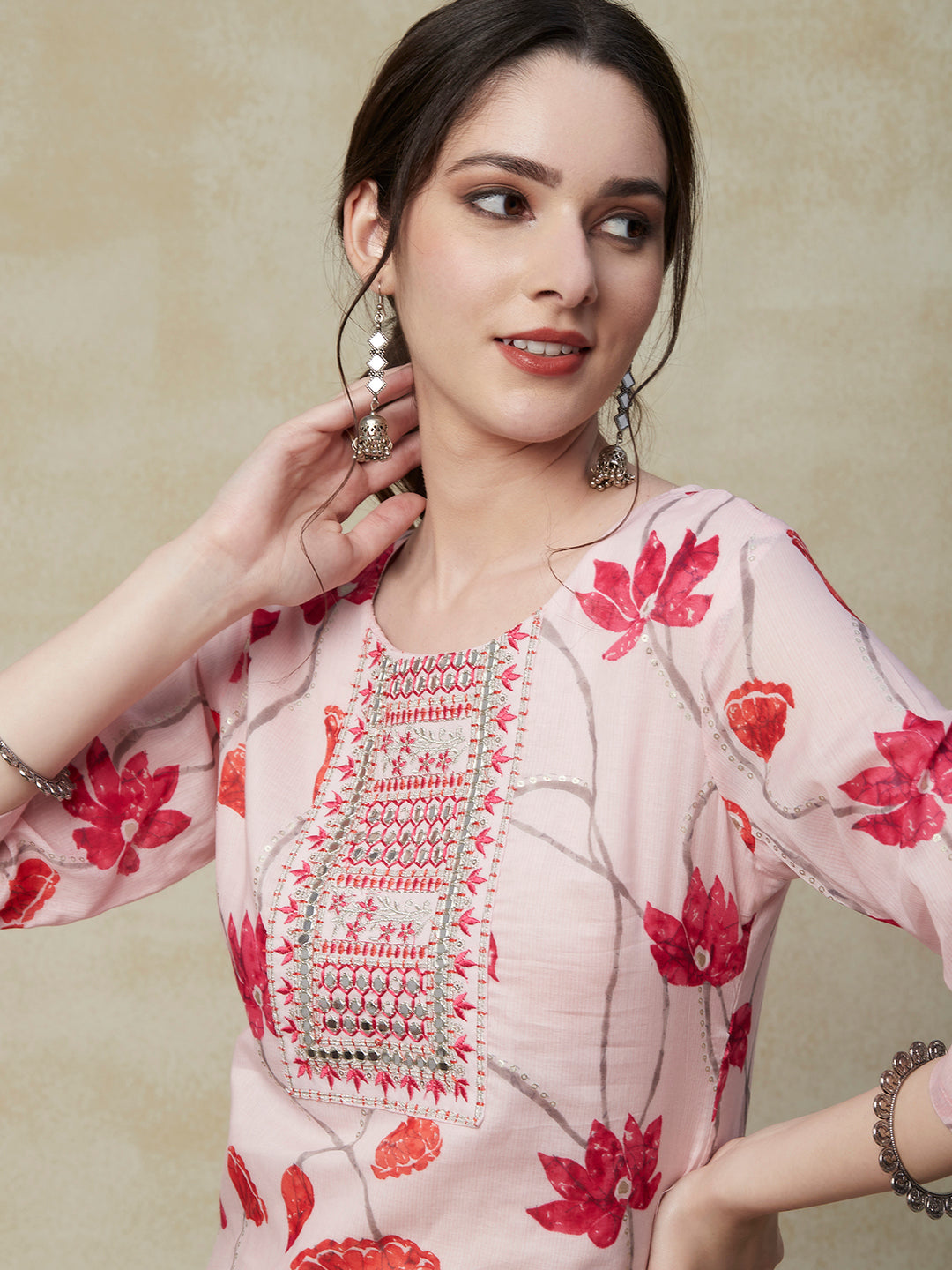 Floral Foil Printed Mirror, Resham & Zari Embroidered Kurta with Pants & Dupatta - Pink