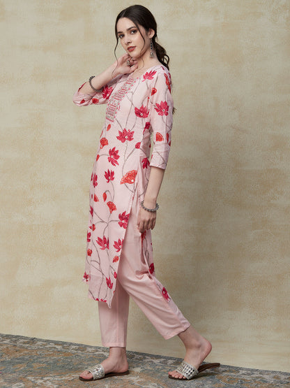 Floral Foil Printed Mirror, Resham & Zari Embroidered Kurta with Pants & Dupatta - Pink