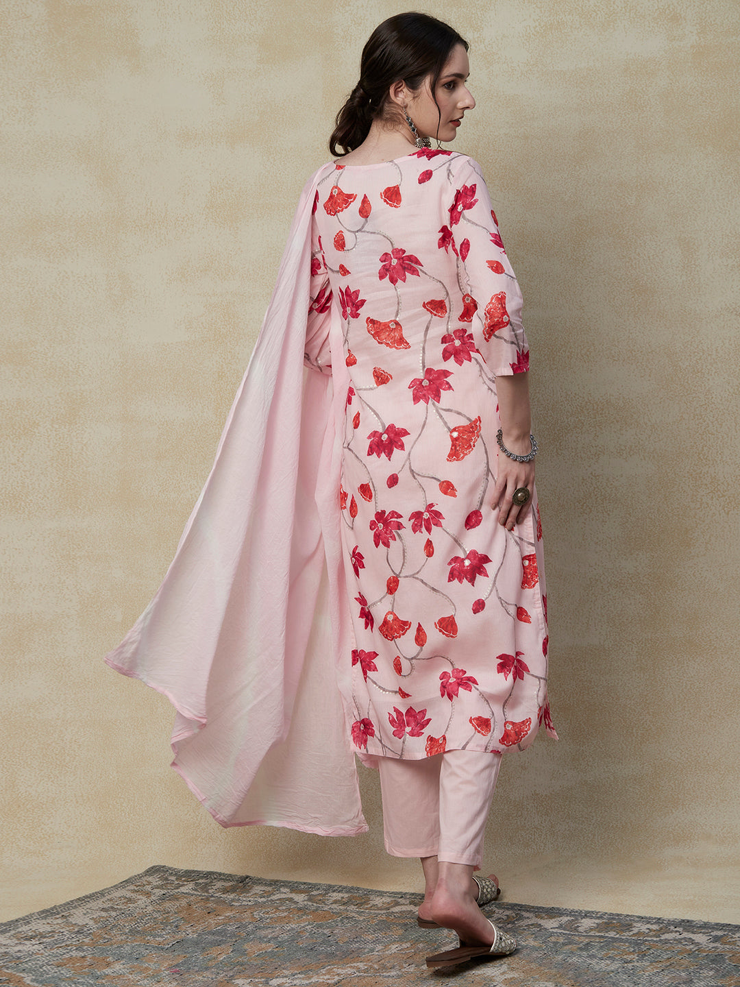 Floral Foil Printed Mirror, Resham & Zari Embroidered Kurta with Pants & Dupatta - Pink