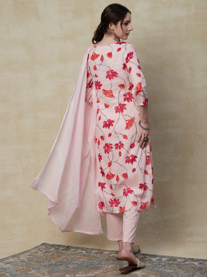 Floral Foil Printed Mirror, Resham & Zari Embroidered Kurta with Pants & Dupatta - Pink