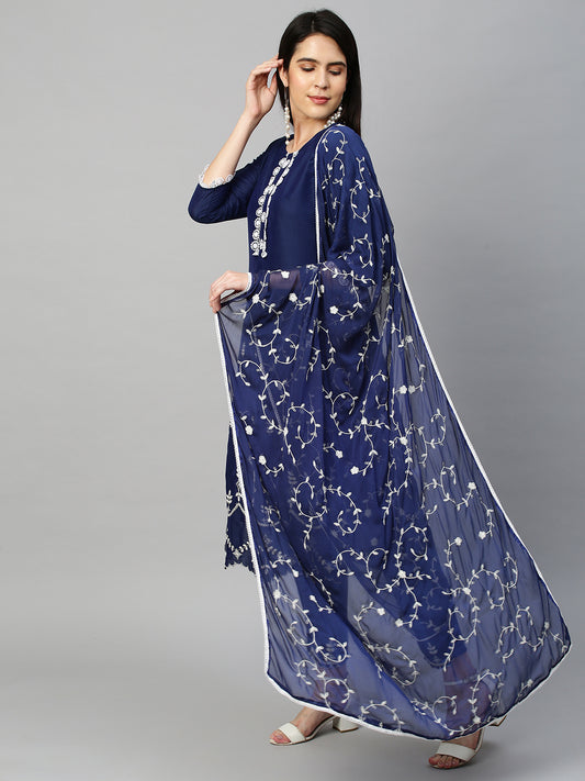 Floral Embroidered Kurta & Dupatta with Pant - Navy Blue