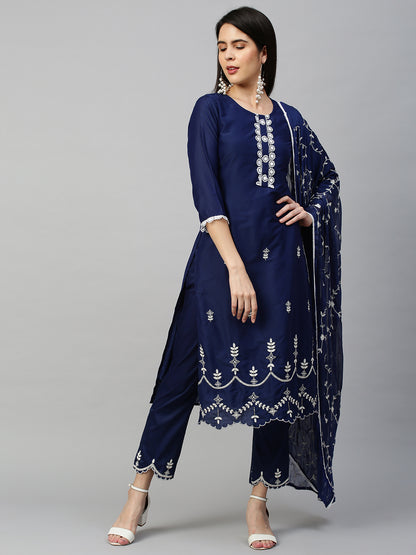 Floral Embroidered Kurta & Dupatta with Pant - Navy Blue