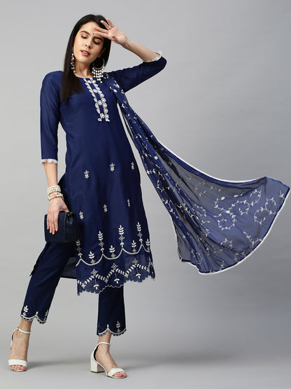 Floral Embroidered Kurta & Dupatta with Pant - Navy Blue