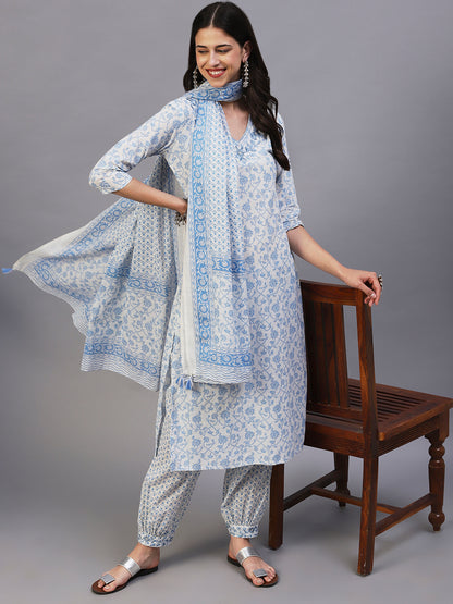 Floral Printed & Embroidered Straight Fit Kurta with Pant & Dupatta - Blue