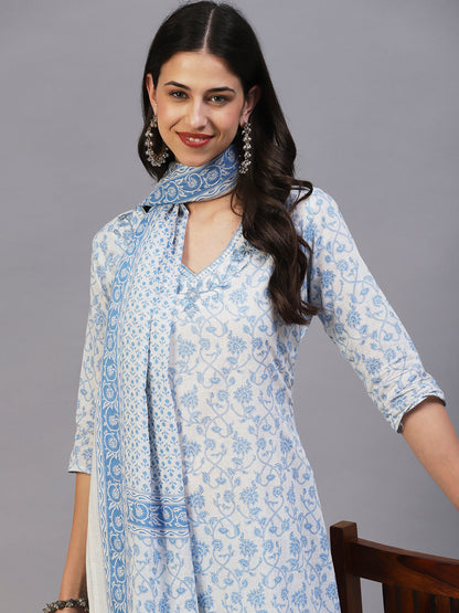 Floral Printed & Embroidered Straight Fit Kurta with Pant & Dupatta - Blue