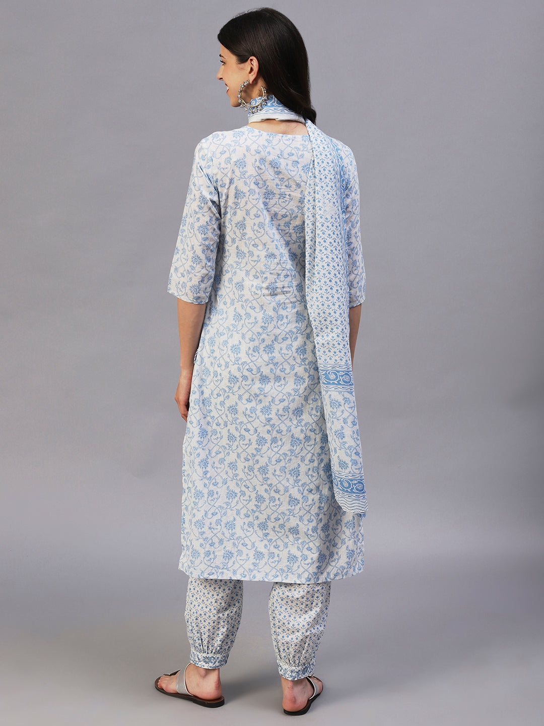 Floral Printed & Embroidered Straight Fit Kurta with Pant & Dupatta - Blue