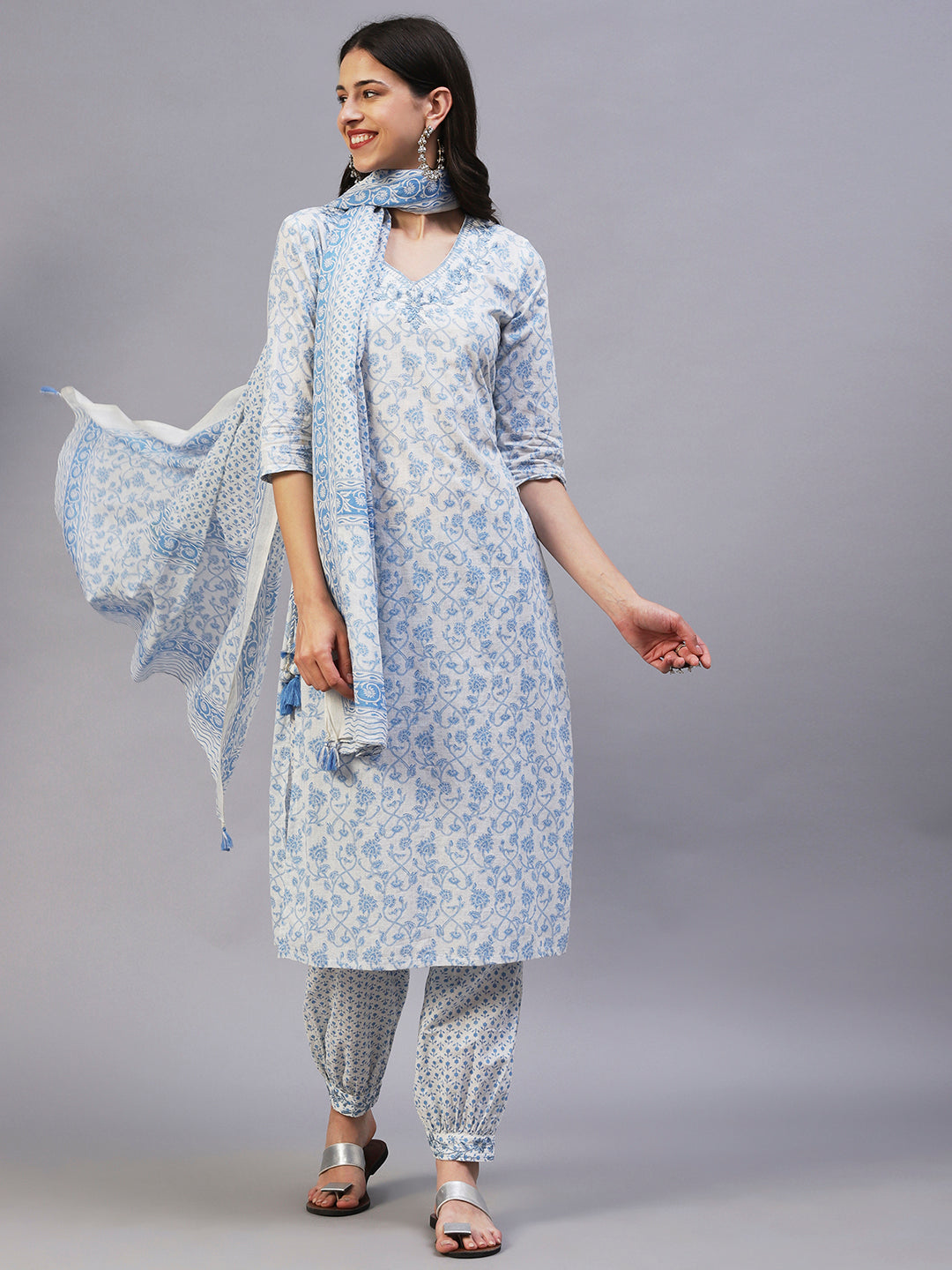 Floral Printed & Embroidered Straight Fit Kurta with Pant & Dupatta - Blue