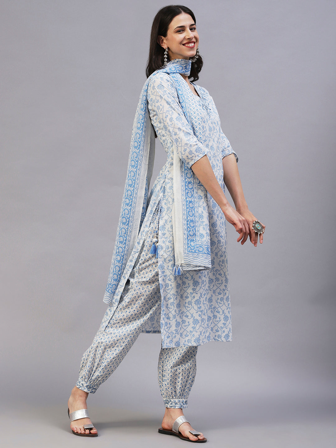 Floral Printed & Embroidered Straight Fit Kurta with Pant & Dupatta - Blue