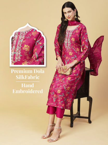 Floral Printed & Hand Embroidered Straight Fit Kurta with Pant & Dupatta - Pink