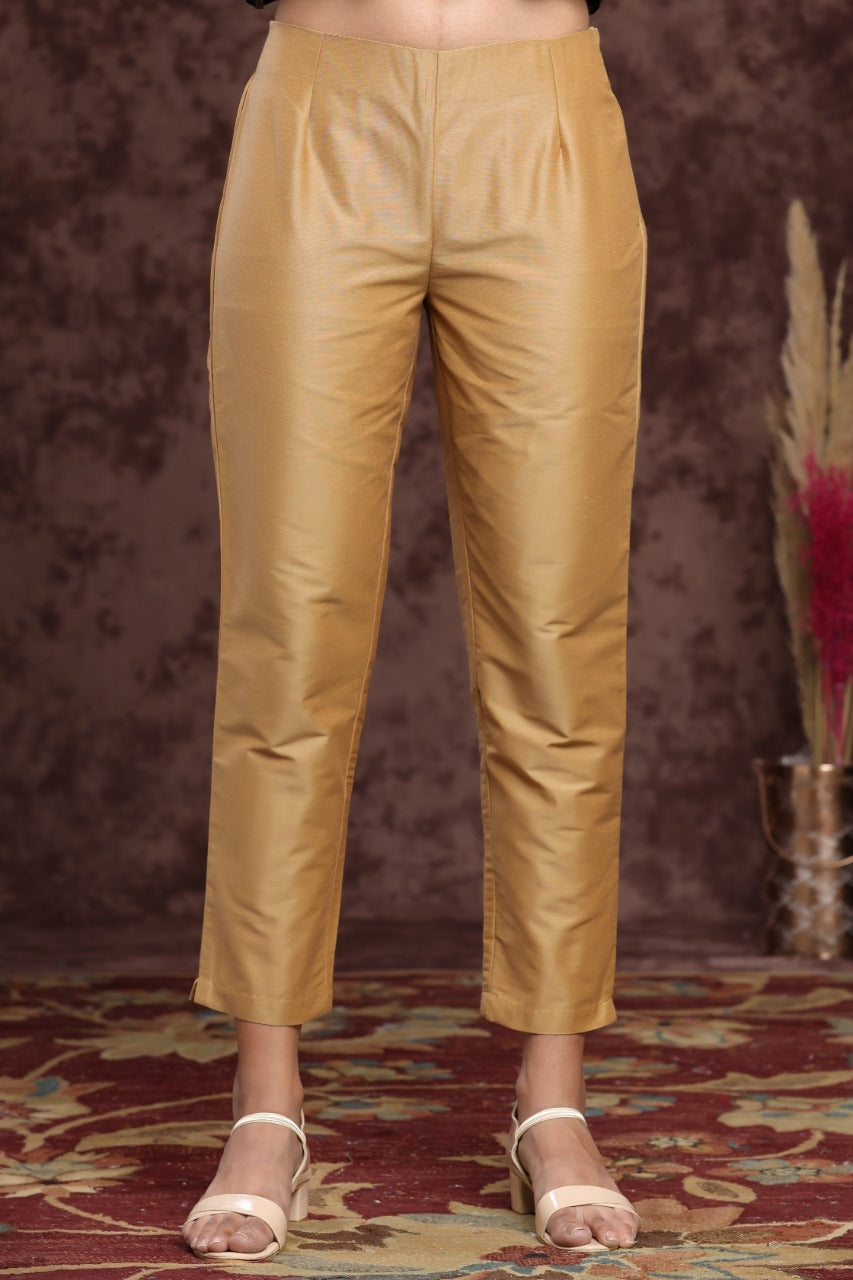 Gold Poly Silk Solid Straight Pants