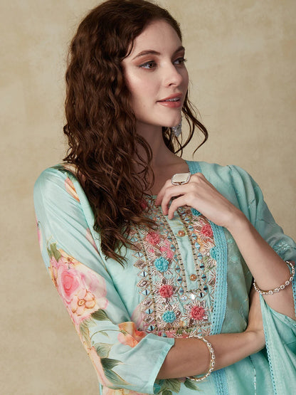 Floral Printed Mirror, Gotapatti & Resham Embroidered Kurta With Pants & Embroidered Dupatta - Light Sea Green