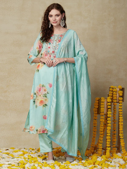 Floral Printed Mirror, Gotapatti & Resham Embroidered Kurta With Pants & Embroidered Dupatta - Light Sea Green