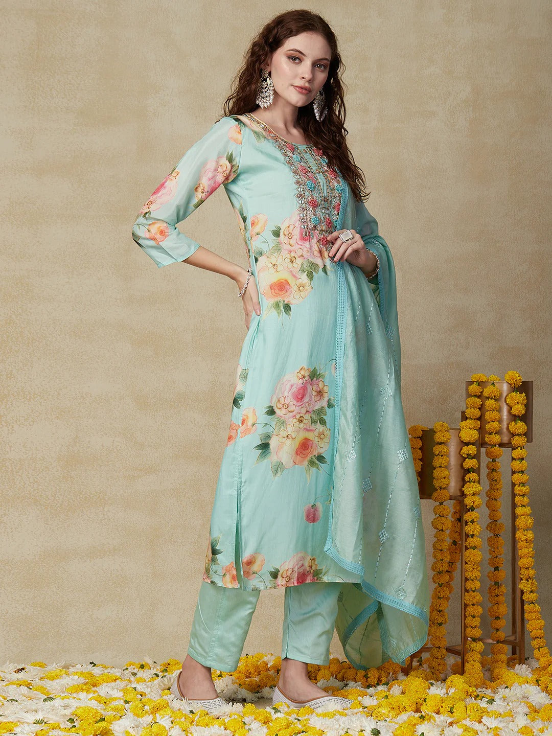 Floral Printed Mirror, Gotapatti & Resham Embroidered Kurta With Pants & Embroidered Dupatta - Light Sea Green