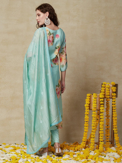 Floral Printed Mirror, Gotapatti & Resham Embroidered Kurta With Pants & Embroidered Dupatta - Light Sea Green