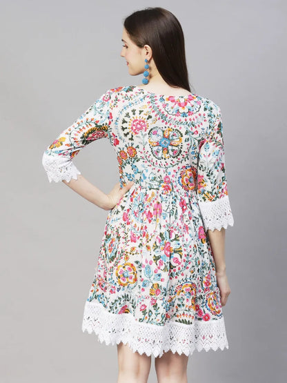 Floral Printed A-Line Midi Dress - Off White