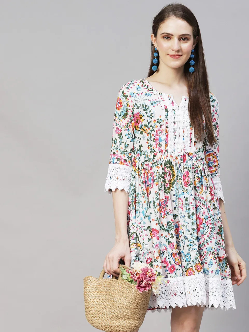 Floral Printed A-Line Midi Dress - Off White