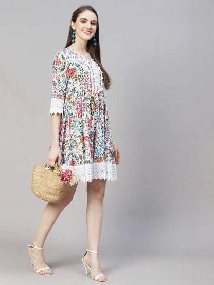 Floral Printed A-Line Midi Dress - Off White