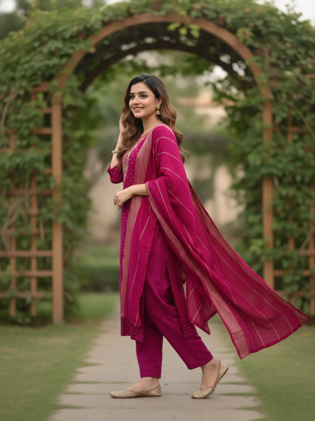 Solid Gota Patti & Sequin Embellished Straight Kurta with Pant & Dupatta - Purple