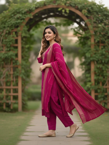Solid Gota Patti & Sequin Embellished Straight Kurta with Pant & Dupatta - Purple