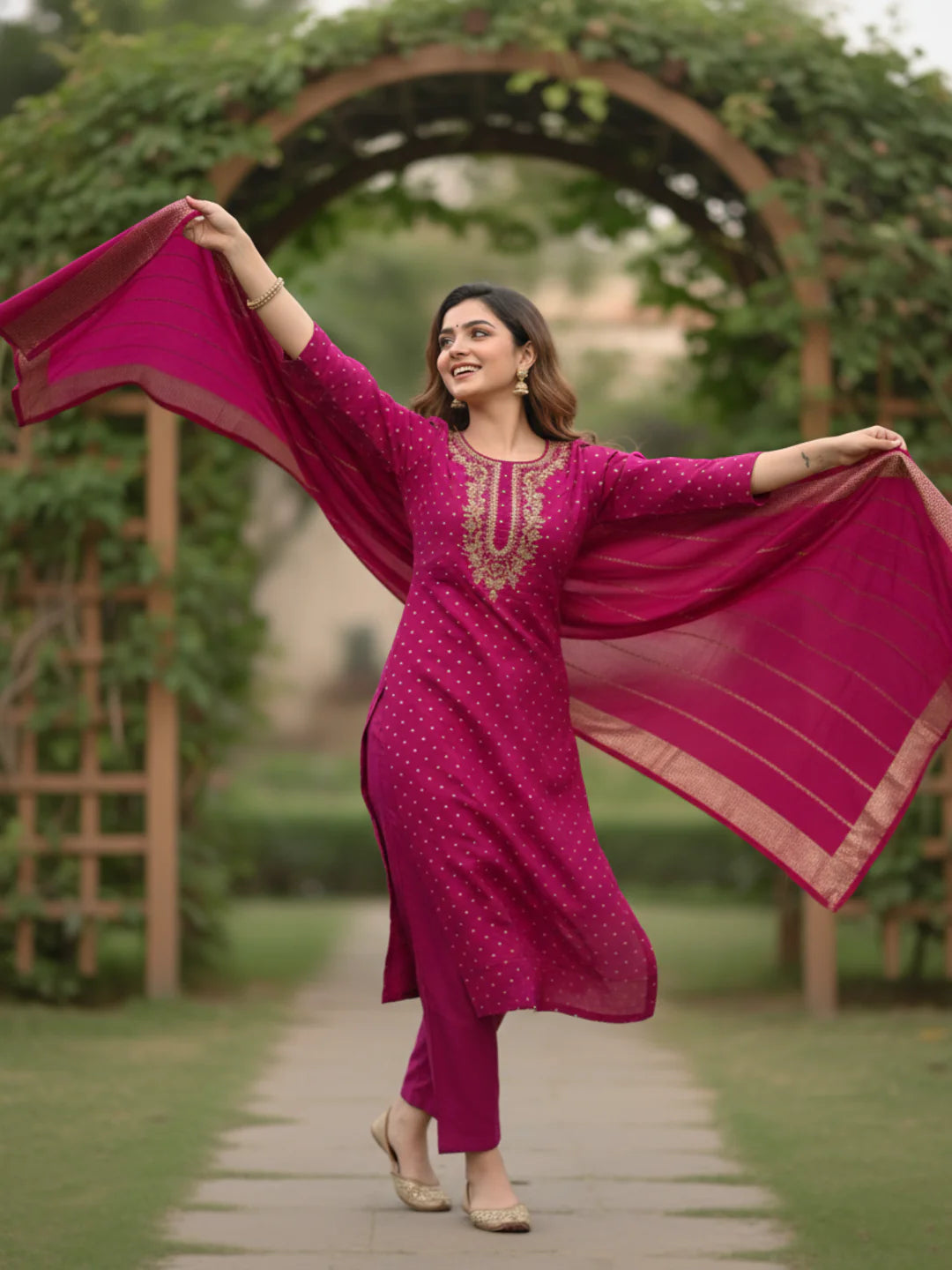 Solid Gota Patti & Sequin Embellished Straight Kurta with Pant & Dupatta - Purple