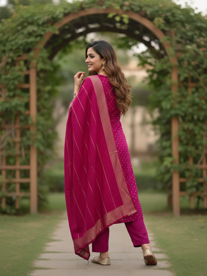 Solid Gota Patti & Sequin Embellished Straight Kurta with Pant & Dupatta - Purple
