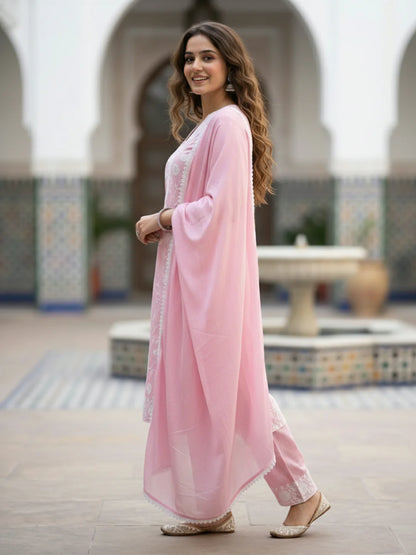 Solid Chikankari Embroidered Straight Kurta with Palazzo & Dupatta - Pink
