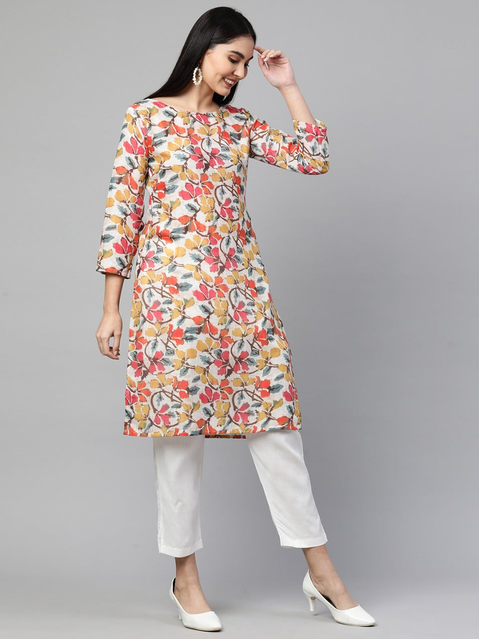 Floral Printed Kurta with Solid Pant – Beige